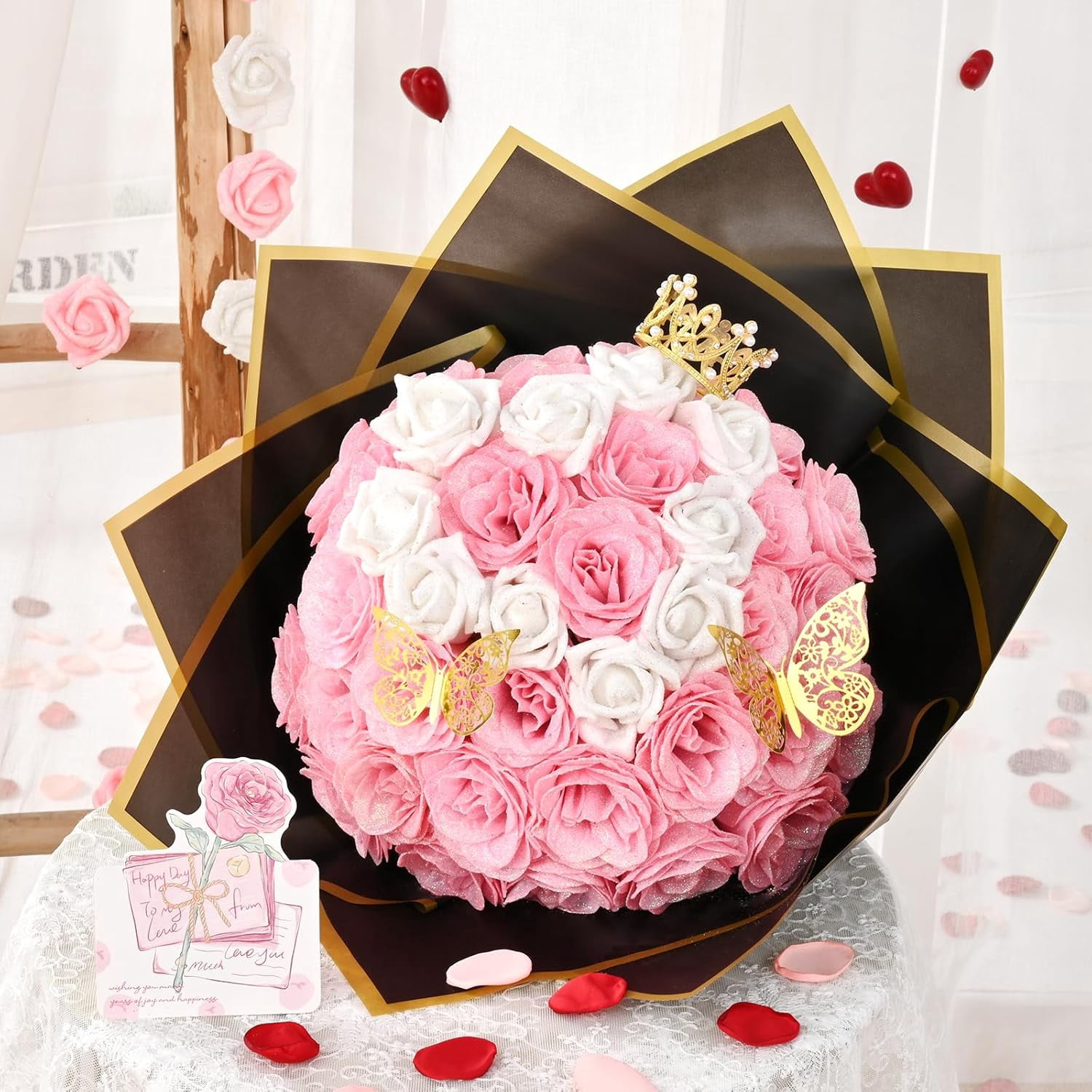 Waipfaru Pink Glitter Roses Bouquet,56pcs Artificial Roses Flowers,DIY Glitter Everlasting Rose Bouquet with Stem for Valentine's Day Anniversary(36 Pink&20 White)