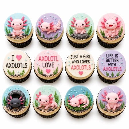 SugarMeLicious Love Axolotls Edible Cupcake Toppers, Cute Pastel Dessert Decorations, Under The Sea Party Theme, 12 Pack 2.5 Inch Frosting Circles