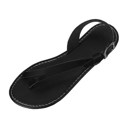 

EHQJNJ Female Womens Sandals Black Leather New Large Toe Set Solid Color Straight Line with Metal Buckle and Flat Sandals Women Comfortable Flat Womens Sandals Beach Dressy