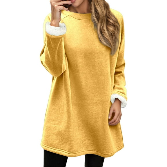 Arlun Fall Winter Fleece Lined Warm Sweatshirts For Women Casual Solid Color Raglan Long Sleeve Crewneck Pullover Tops Soft Comfy Outside Wear Hoodless Outfits Yellow XL