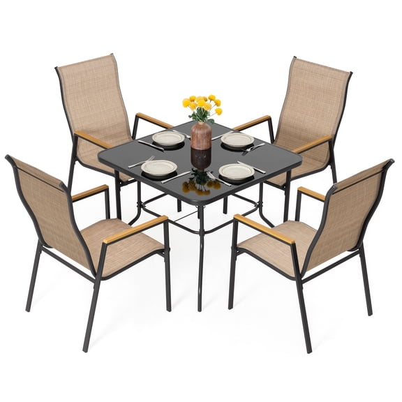 Nuu Garden 5-Piece Patio Dining Set, Outdoor Dining Set with Textilene Stackable Patio Dining Chairs with Faux Wood Armrests, Tempered Glass Dining Table with 2" Umbrella Hole, Black and Khaki