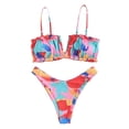 thumbnail image 1 of Traje de baño de bikini para mujer con cuello en V profundo y fruncido Hermosa impresión Traje de baño de dos piezas para uso de verano Rojo XL, 1 of 7