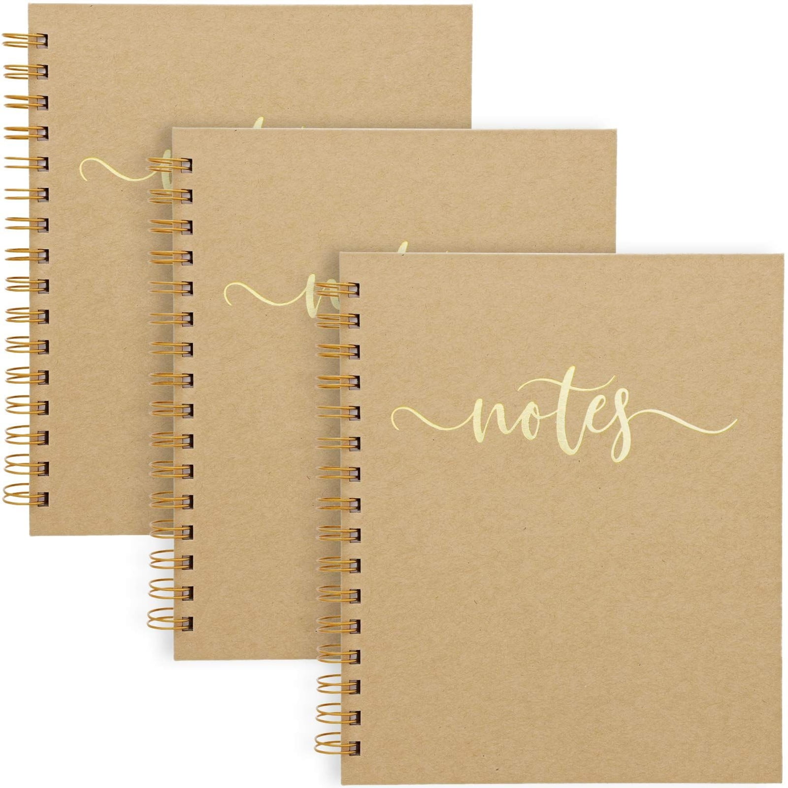 3 Packs Kraft Spiral-Bound Notebook Journal, Hardbound Cover, Lined, Gold Foil, 100 Sheets