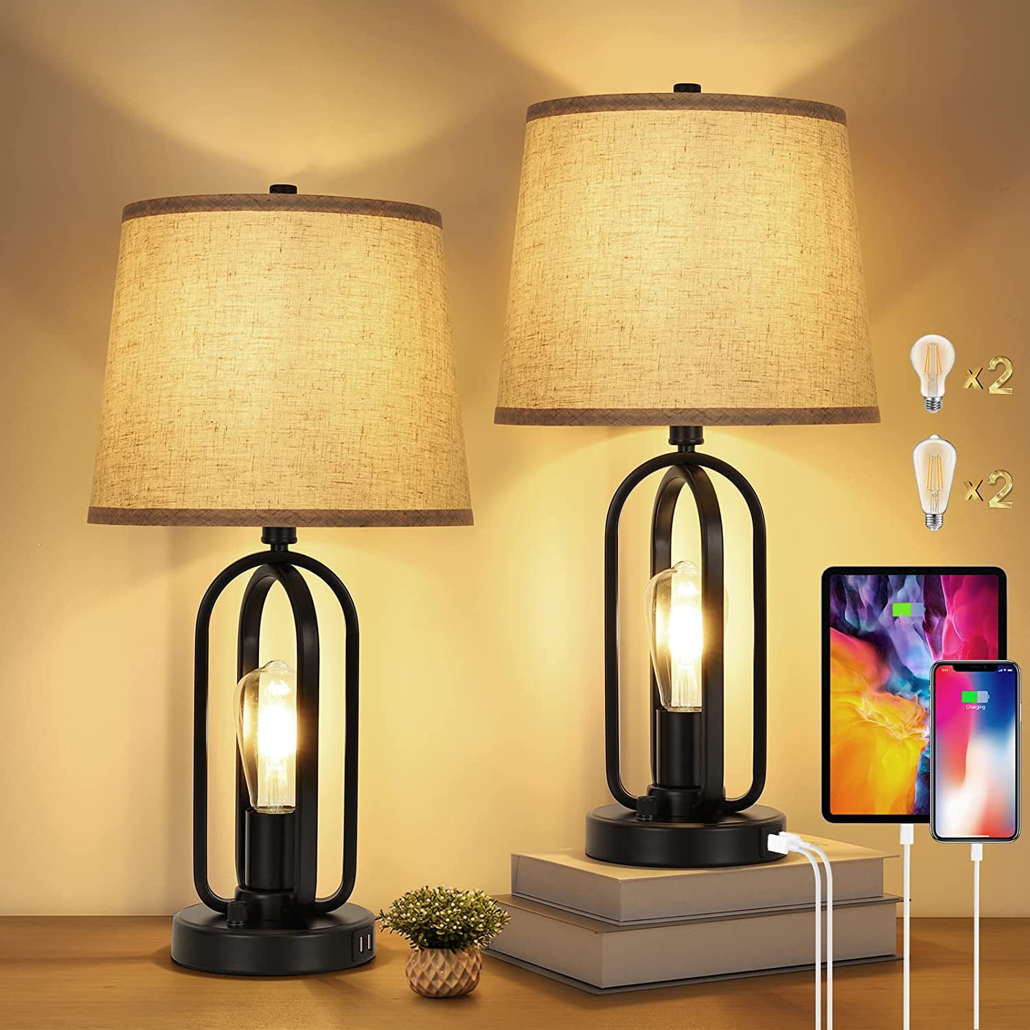 Table Lamps Set of 2, Fully Dimmable Industrial Table Lamps with Rotary