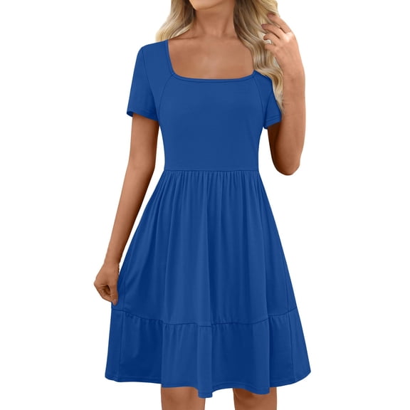 Npasoilc Pleated Mini Dress for Women Summer Square Neck Short Sleeve T-Shirt A-Line Dresses Casual Loose Beach Vacation Dress with Pocket