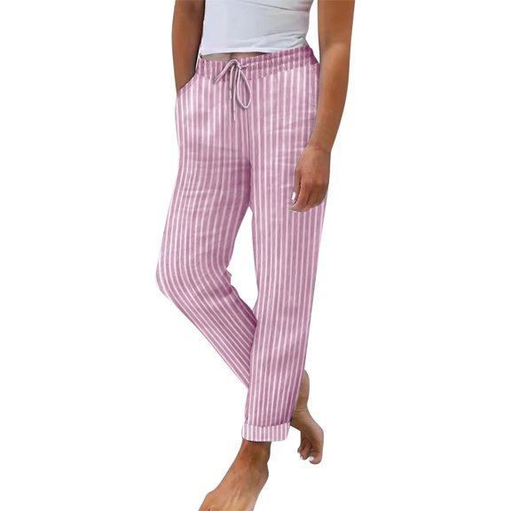 SBYOJLPB Cotton Linen Pants for Women Striped Print Drawstring Elastic Waist Straight Leg Casual Pants