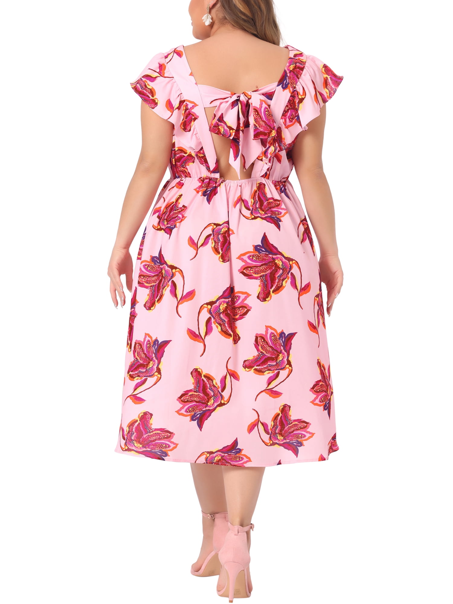 DARING DIVA Women's Plus Size Floral Ruffle Short Sleeves Tie Back V Neck Dress 3X Pink