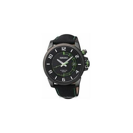 Seiko SKA557 Mens Black Stainless Steel Case Leather Strap Kinetic Black Dial Date Display Watch