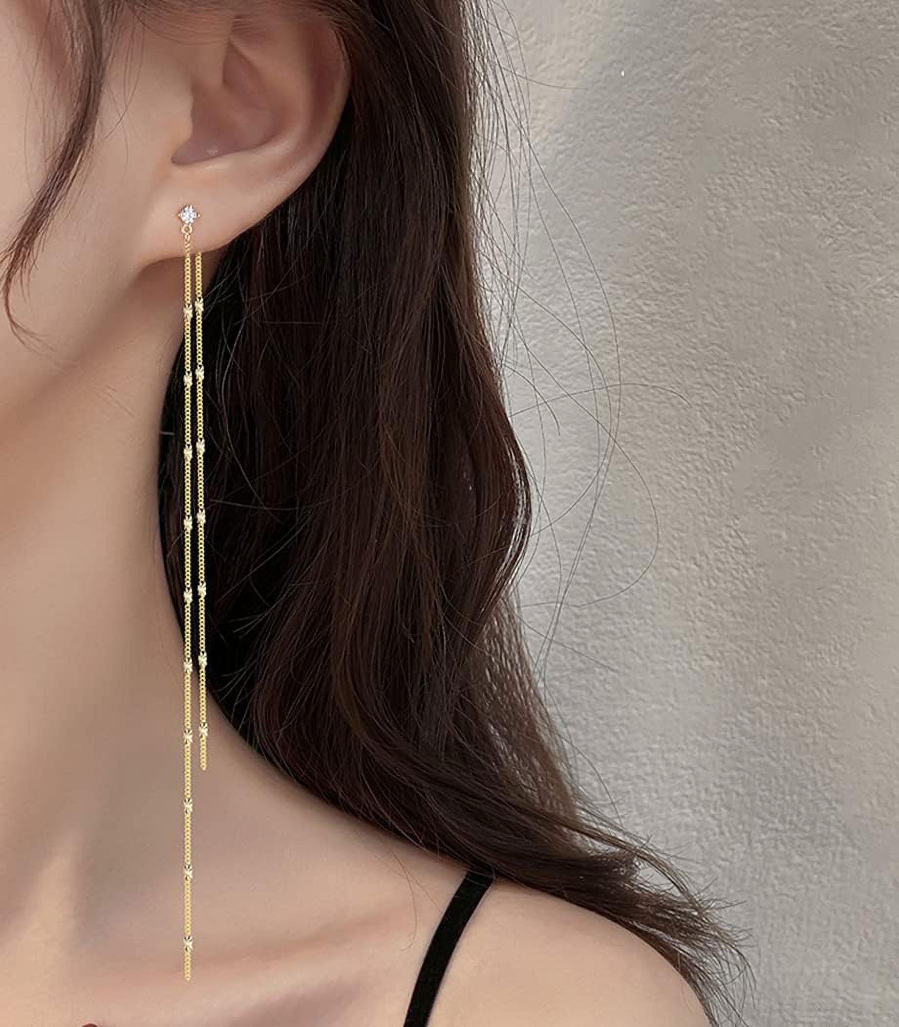 925 Sterling Silver Cz Studs 6.3Inch Long Chain Earrings Dangle For Women Line Dangling Earrings Chain Backs Threader Tassel[Z1]