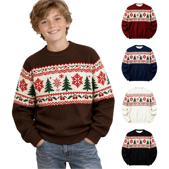 JAJAHO Kids Boys Christmas Sweatshirt Christmas Tree Print Crew Neck Pullover Xmas Holiday Tops For 2-14 Years