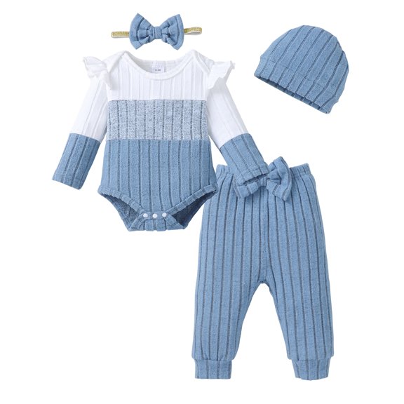 3 Months Baby Girls Clothes 6 Months Girls 4PCS Fall Winter Outfits Set Newborn Girls Long Sleeve Color-blocked Top Pants Set with Headband Hat Blue