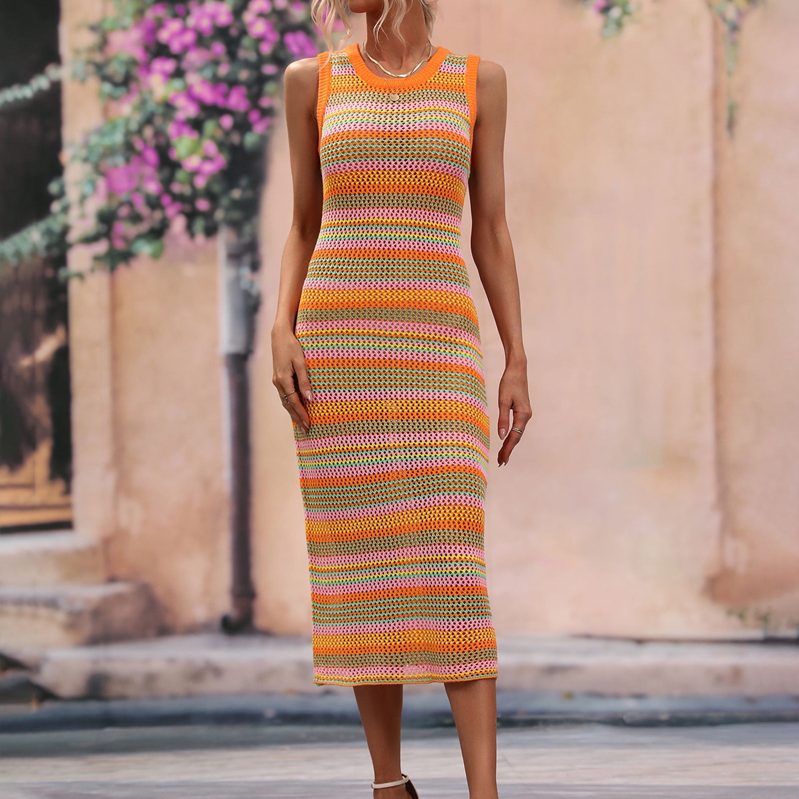 Crochet Dresses for Women Sexy Hollow Out Knitted Beach Bikini Cover Ups Sleeveless Crew Neck Trendy Stripe Printed Slim Fit Cover-Up Tank Midi Dress