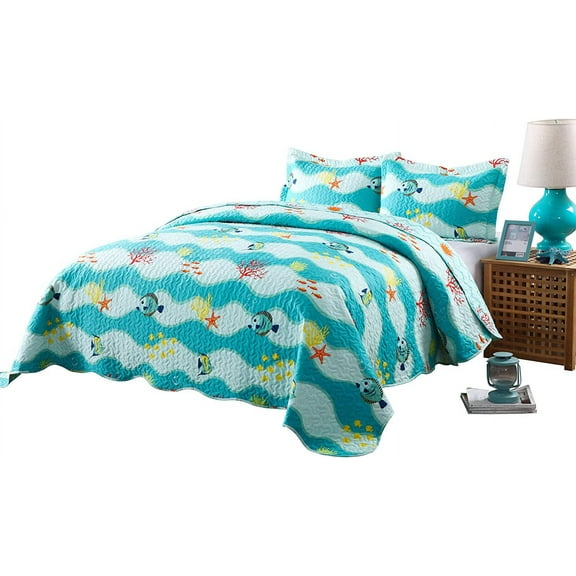 3 Piece Beach Quilt Set Lightweight Bedspread Decoration Throw Blanket Teens Boys Girls Bed Printed Beach Sea Sea Life Bedding Coverlet Comforter Set/ 277 Fish Quilt (Full/Queen)