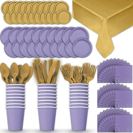 Gold Dinner Knife - Paper Tableware Set for 24 - Lavender & Gold - Dinner and Dessert Plates, Cups, Napkins, Cutlery (Spoons, Forks, Knives), and Tablecloths - Full Two-Tone Party Supplies Pack