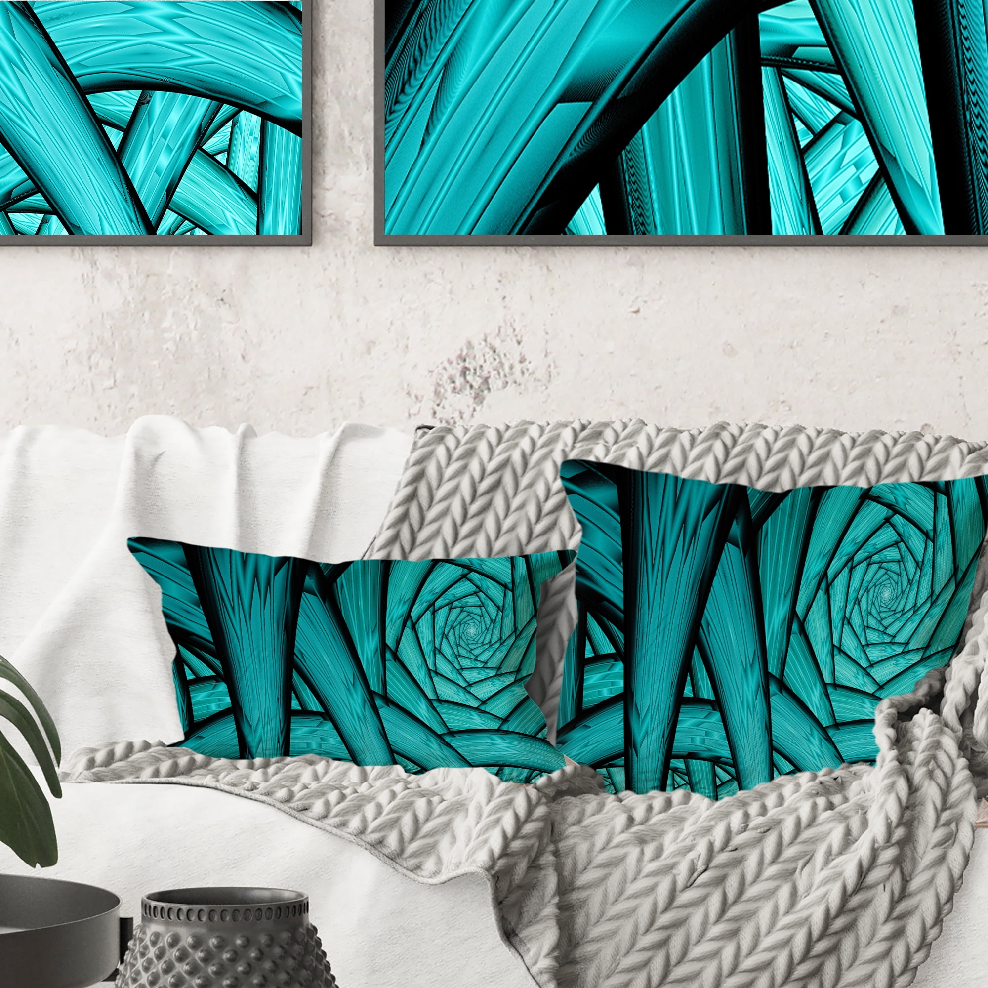 Designart Turquoise Fractal Endless Tunnel - Abstract Throw Pillow - 18x18