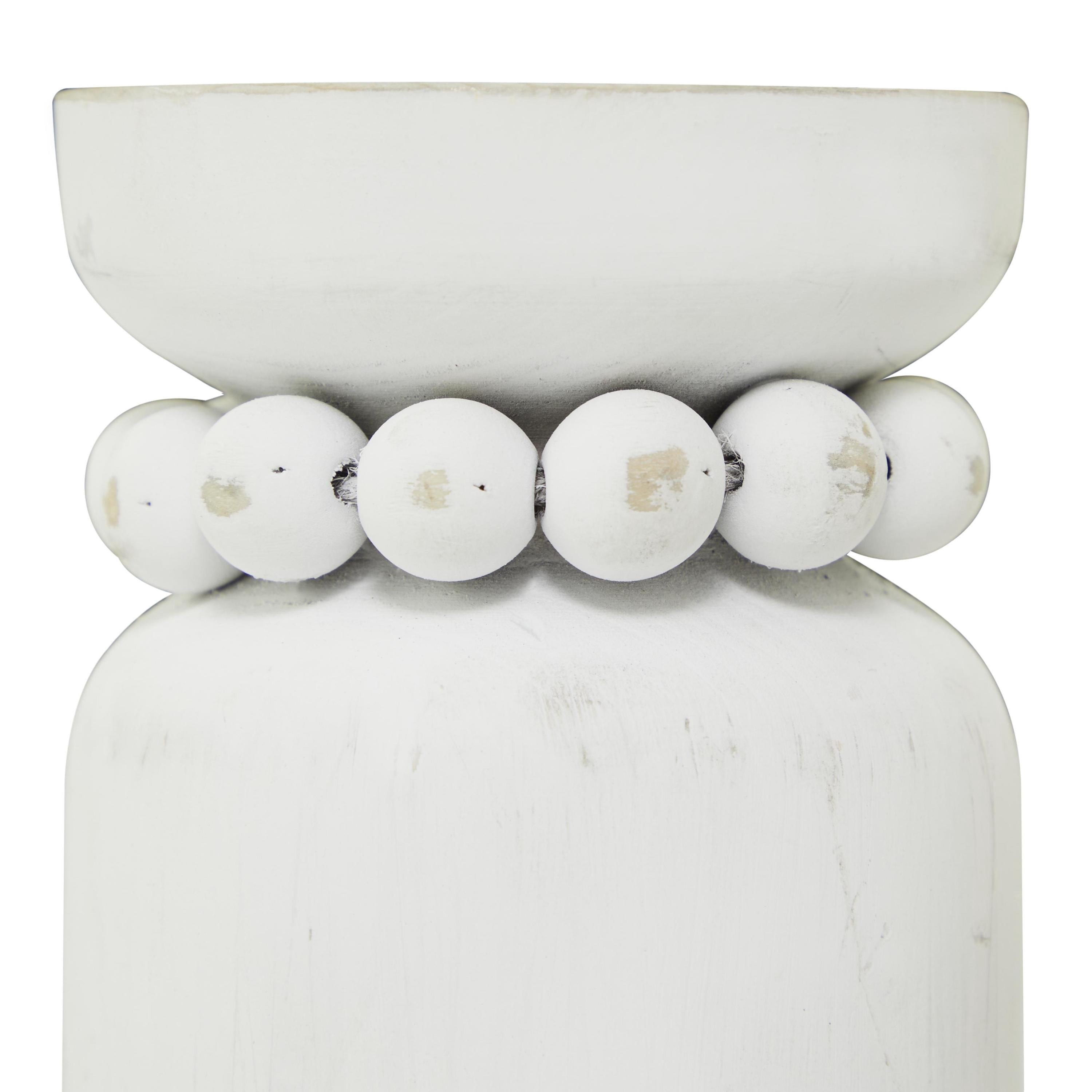 DecMode 2 Candle White Wood Beaded Pillar Candle Holder, Set of 2