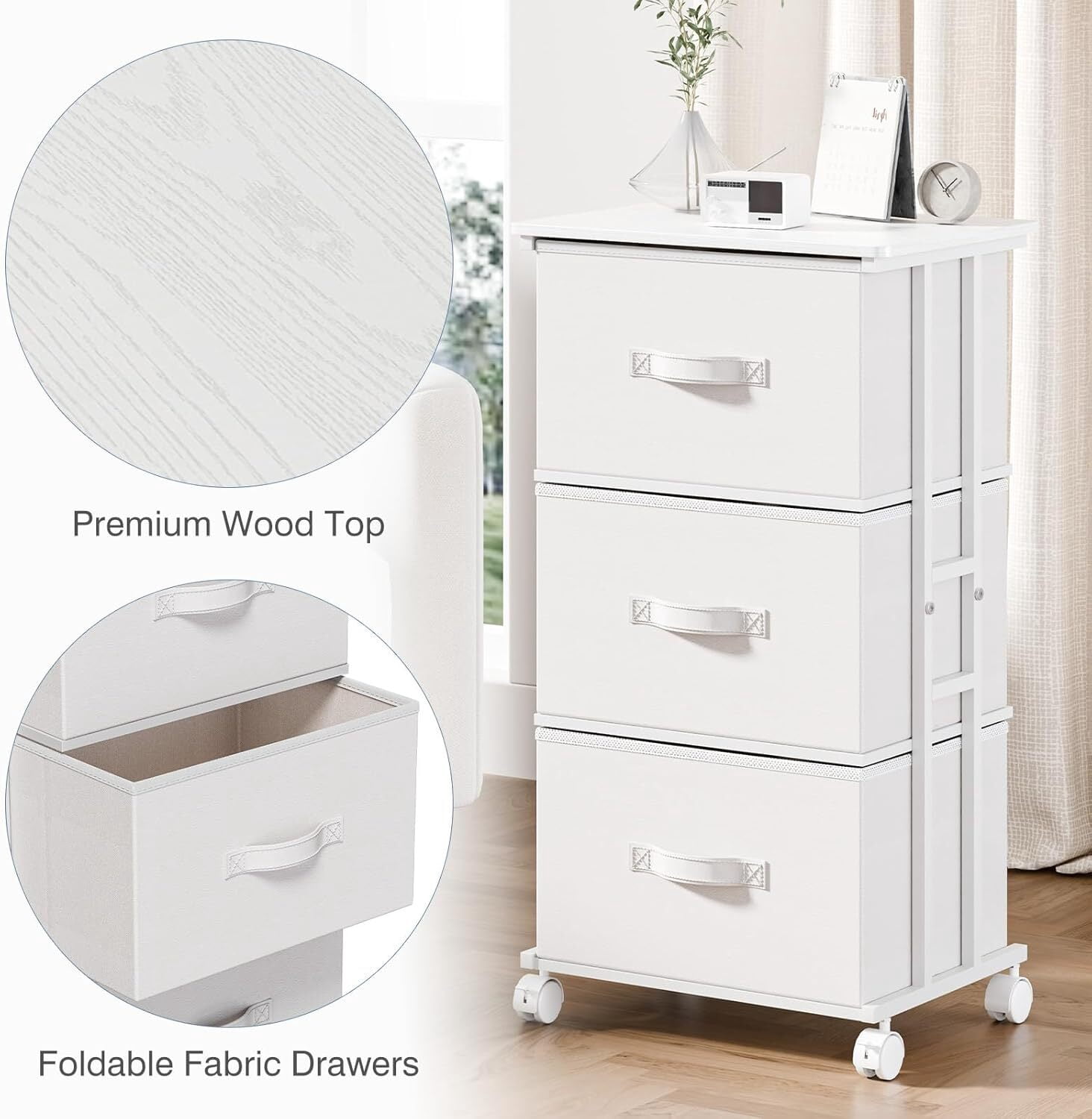 Bigleap 3-Drawer Rolling Fabric Dresser, Small Space Storage Cabinet with Wheels, Mobile Nightstand for Bedroom, Closet, Entryway, White