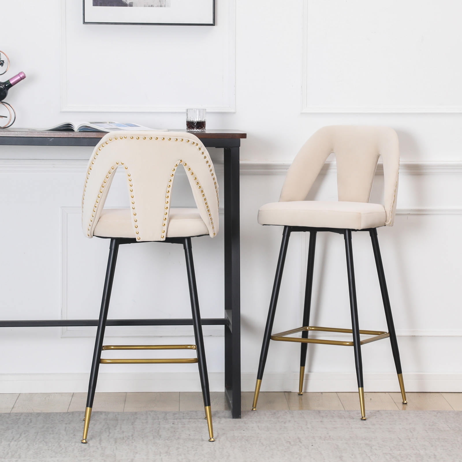 Kepooman 28" Bar Stools, Set of 2 Counter Height Stools Industrial Metal Barstools with Nailheads and Gold Tipped Black Metal Legs, Beige