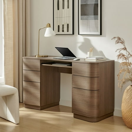 Modway Mirae 55" 6-Drawer Curved Office Desk in Brushed Brown Oak by Modway