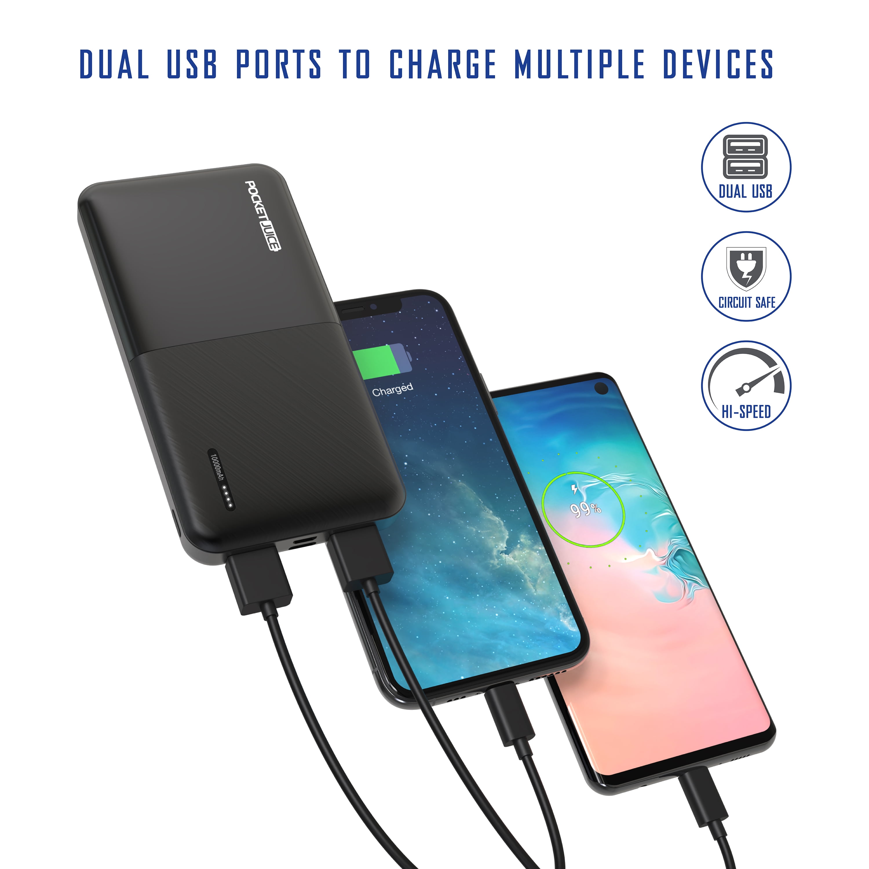Pocket Juice Slim Pro 10,000mAh, Power Bank Portable Charger with Dual USB Ports, Black