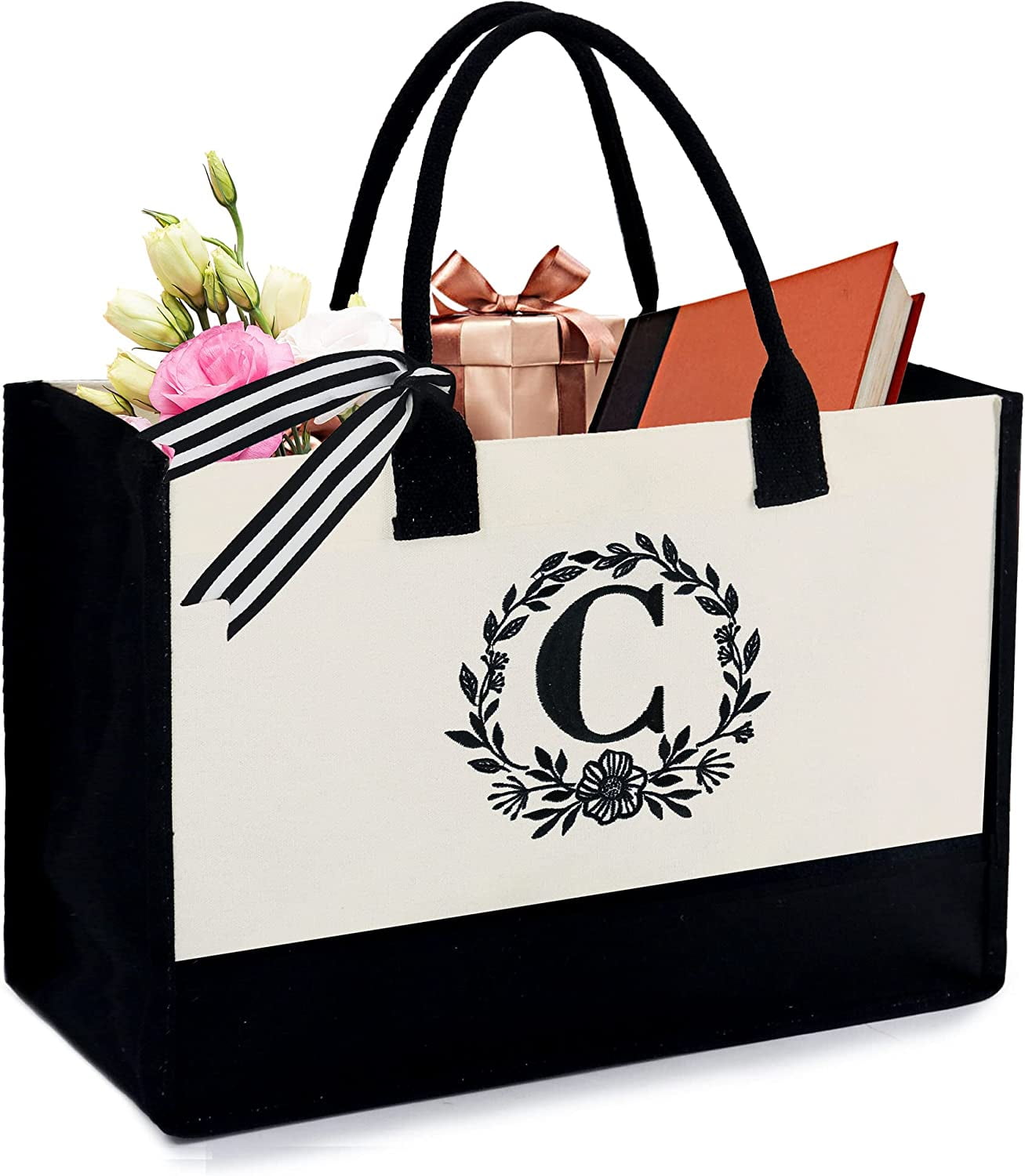 QWZNDZGR Initial Canvas Tote Bag with Zipper Pocket 13OZ Embroidery  Monogrammed Personalized Birthday Gifts for Women