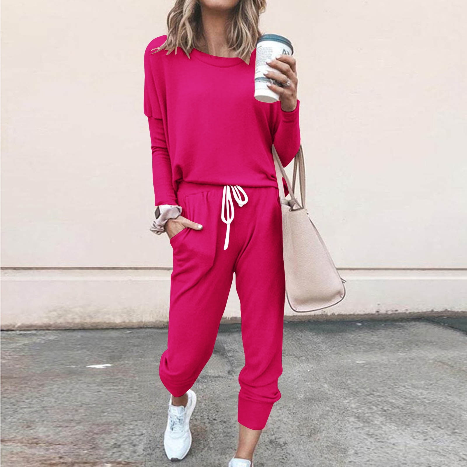 YUGYXL Jogger Sets for Women 2 Piece Lounge Sets Long Sleeve Tops Sweatpant Sweatsuits Set Casual Workout Tracksuits Outfits Hot Pink XL