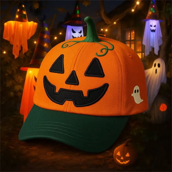 JIANLAI Halloween Pumpkin Face Baseball Cap 3D Embroidery Ghost Pattern Adjustable Snapback Hat Orange‑Green Contrast Brim Novelty Holiday Costume Hat