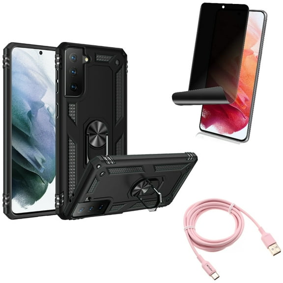 Privacy Screen Protector & 6ft USB-C Cable & Hybrid Case Cover for Samsung Galaxy S22 (6.1") - TPU Film Fingerprint Works & Pink Charger Cord & Metal Ring Kickstand Accessory Bundle