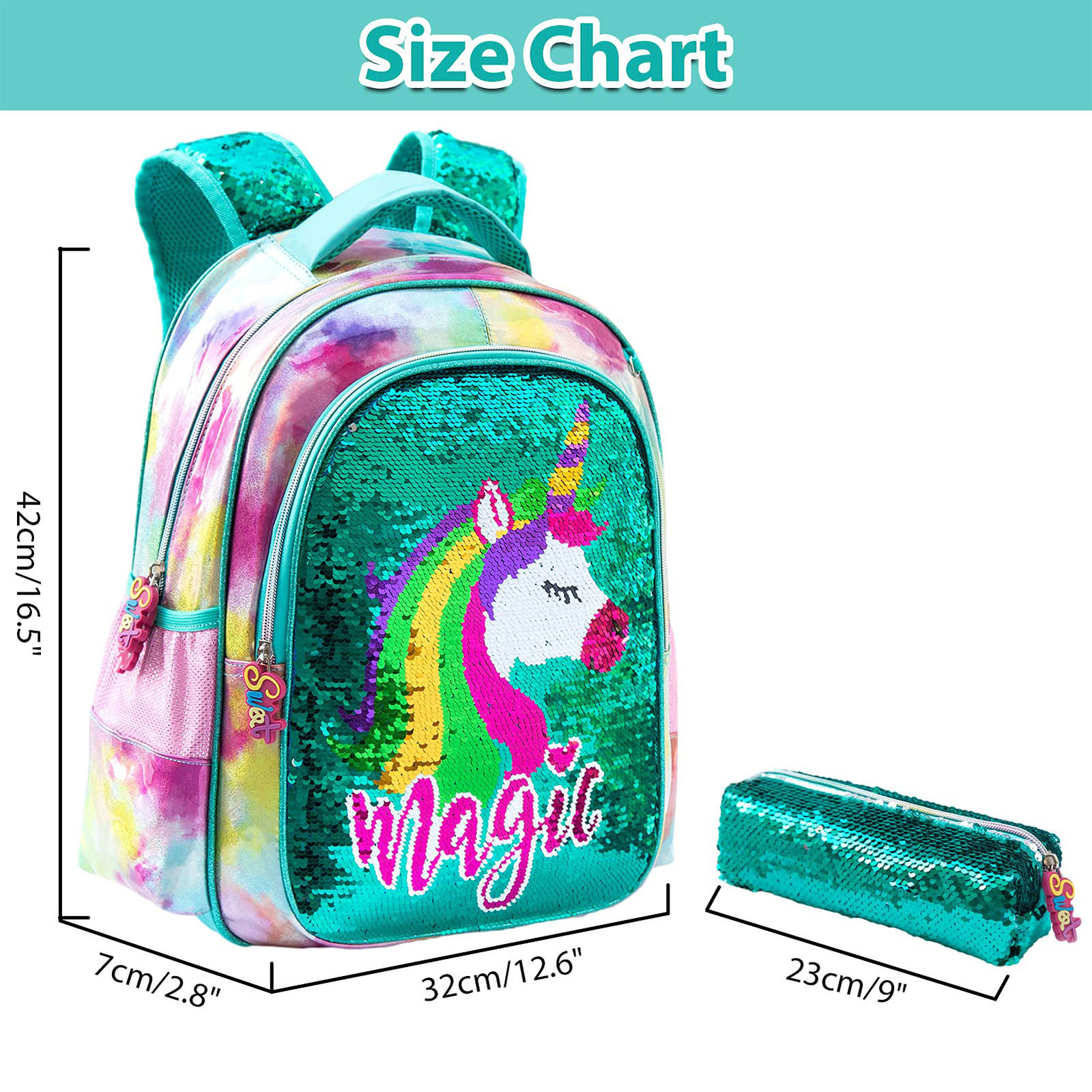 lvyH School Backpack for Kids Girls Students,Glitter Sequin Unicorn Books  Bag Mermaid Backpacks with Pencil Case 