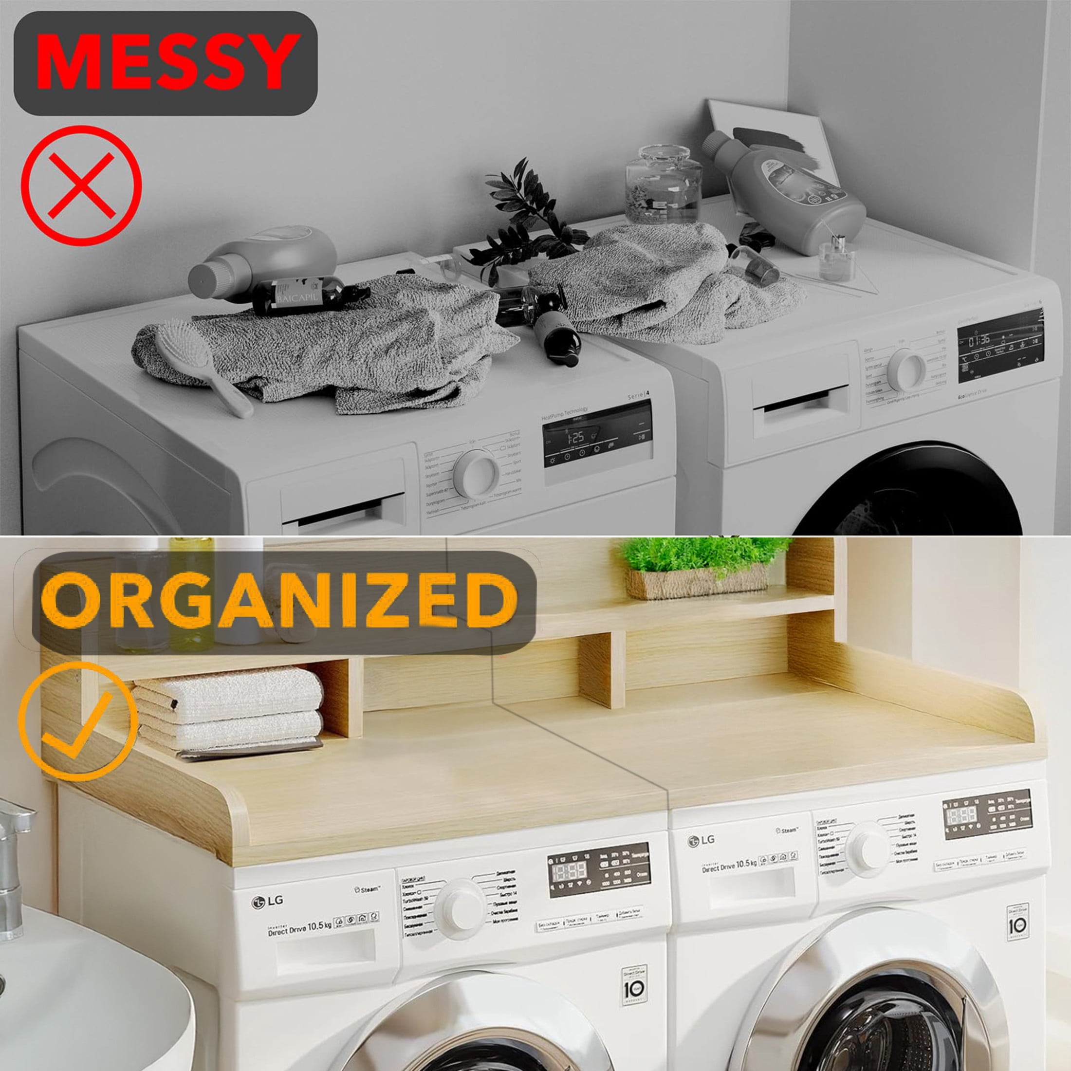 GDF Studio 54" Washer Dryer Countertop Organizer, Spacious Double Layer Wooden Laundry Shelf, Oak