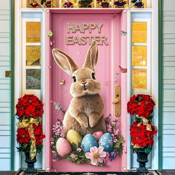 Rideau de Porte de Pâques Lapin Mignon Oeufs de Pâques Scène de Fête Décor de Porche Patio Housse de Porte