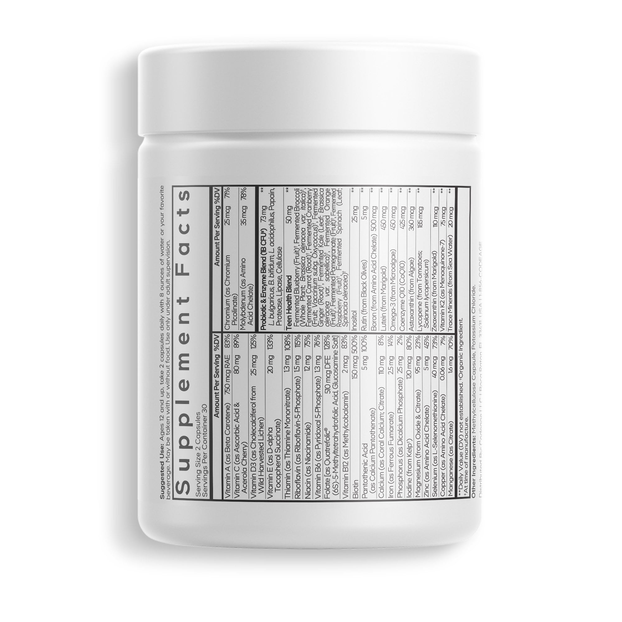Codeage Daily Teen Multivitamin, 25+ Organic Whole Foods, Probiotics & Enzymes for Teenagers, Vegan, 60 ct