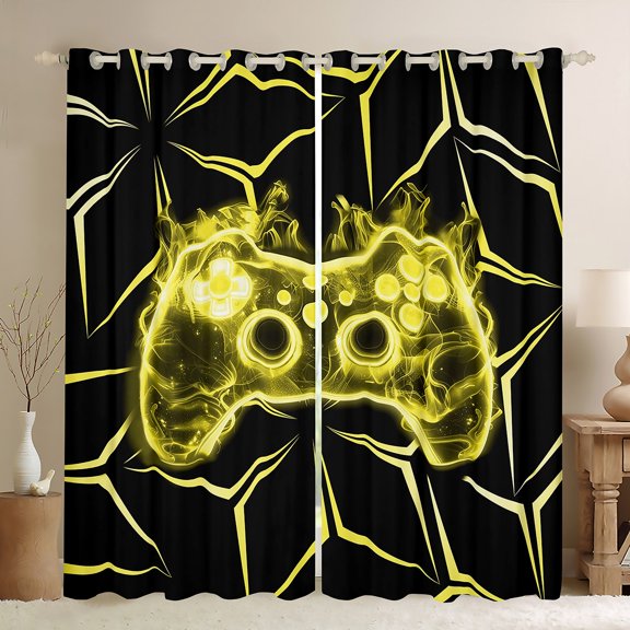 Manfei Futuristic Yellow Gamegame Blackout Curtains Set of 2 (52x84 Each), Psychedelic Honeycomb Window Curtains, Teens Kids Boys Curtains and Drapes, Living Room Curtains Decor