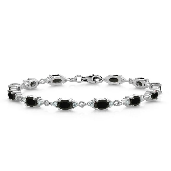 Gem Stone King 925 Sterling Silver Black Onyx and White Moissanite Tennis Bracelet for Women (5.71 Cttw, Gemstone Birthstone, Oval 6X4MM, 6.5 inch)
