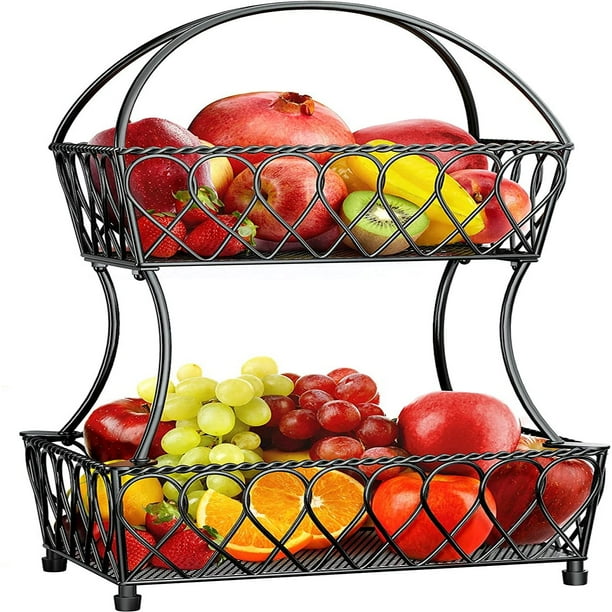 PERLESMITH 2-Tier Fruit Basket Bowl Vegetable Organizer for Kitchen (Vintage Black)