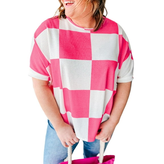 Women's Plus Size White Textured Checkerboard Round Neck T-Shirt - Casual Summer Style | [ZhiHiMeRi] | (US 14W-16W)1X