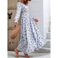 thumbnail image 5 of Women Floral Print V Neck A-Line Maxi Dress Long Sleeves Casual Wrap Autumn Beach Swing White L, 5 of 9