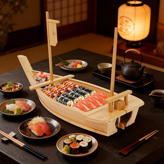 Peakora Sushi Boat Serving Tray Large Size Sashimi Display Tray Handcrafted Bamboo Sushi Boat Catering Tray for Restaurants & Parties 31.5*10.6in Log Color