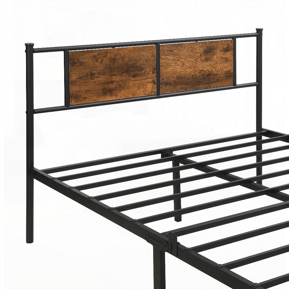 King Size Metal Platform Bedframe with Wood Panel Headboard, Black, for Bedroom