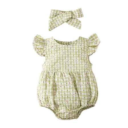 

Fullvigor Baby Girl Romper Sleeveless Plaid Floral Print Jumpsuit Bodysuit and Headband
