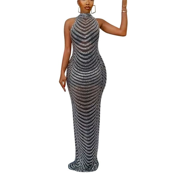 Lilgiuy Women's Backless Nightclub Party Dress With Hot Drilling Perspective Long Dress 2022 Fall Winter