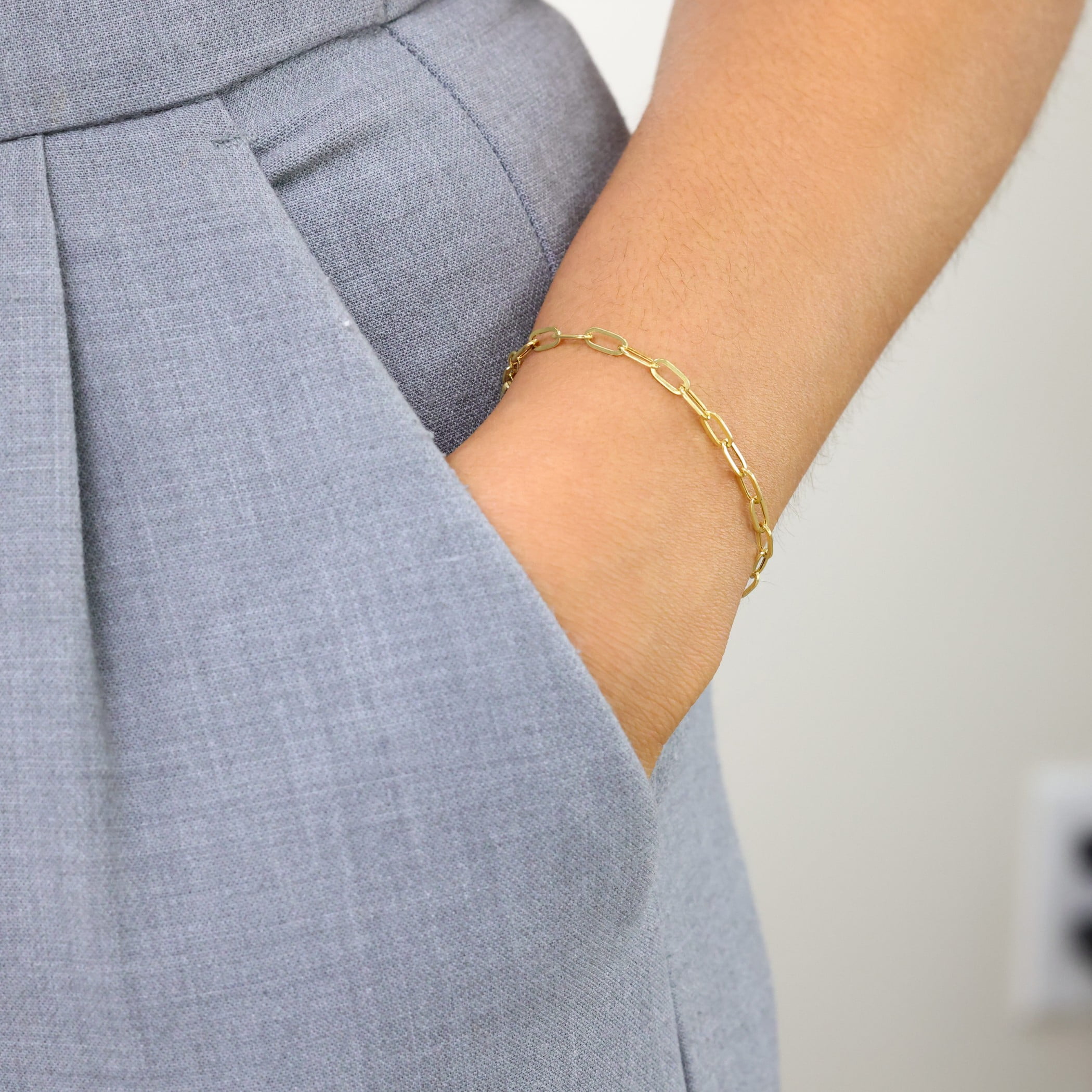 Nuragold 14k Real Yellow Gold Paperclip 3mm Elongated Cable Link Bracelet (7"-8") Italian Jewelry for Men & Women