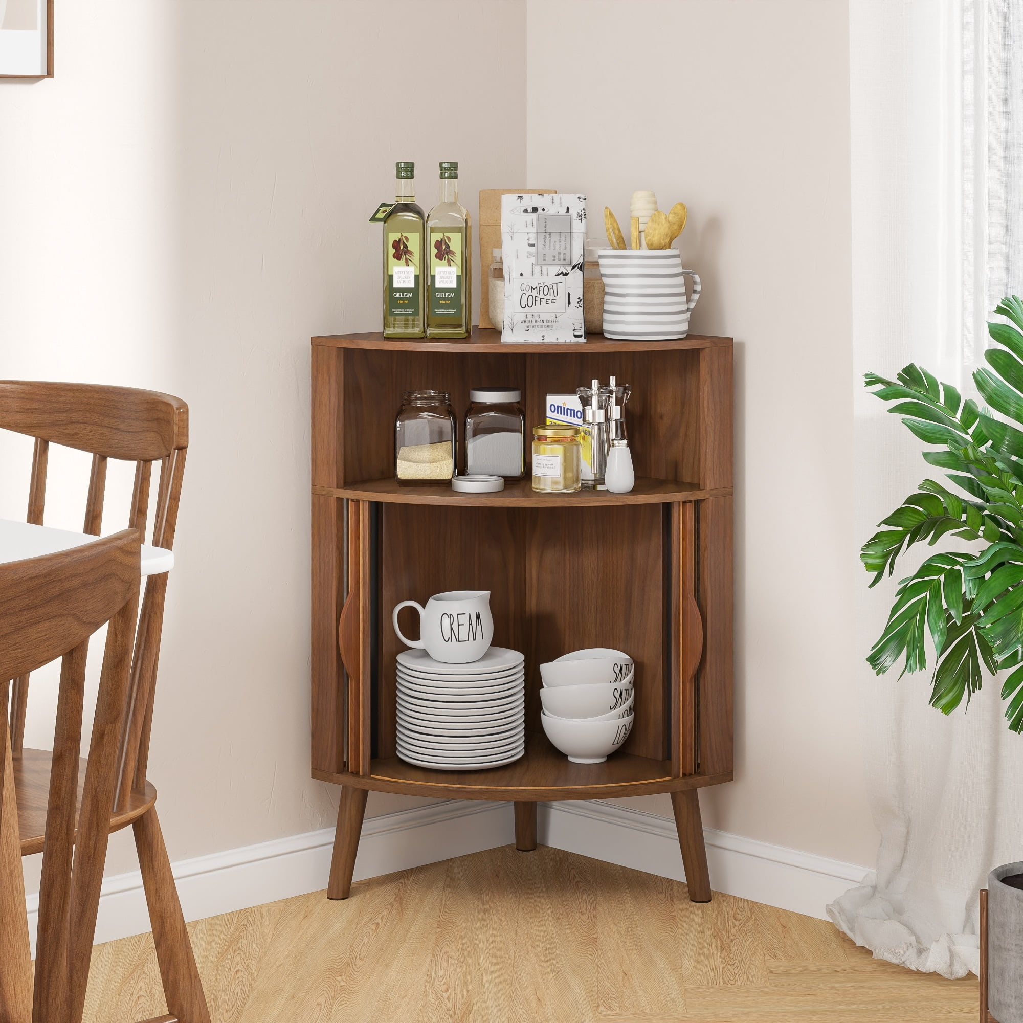 Bathroom Corner Storage Cabinet with Sliding Doors, Freestanding Floor Cabinet with Open Shelves for Kitchen, Living Room