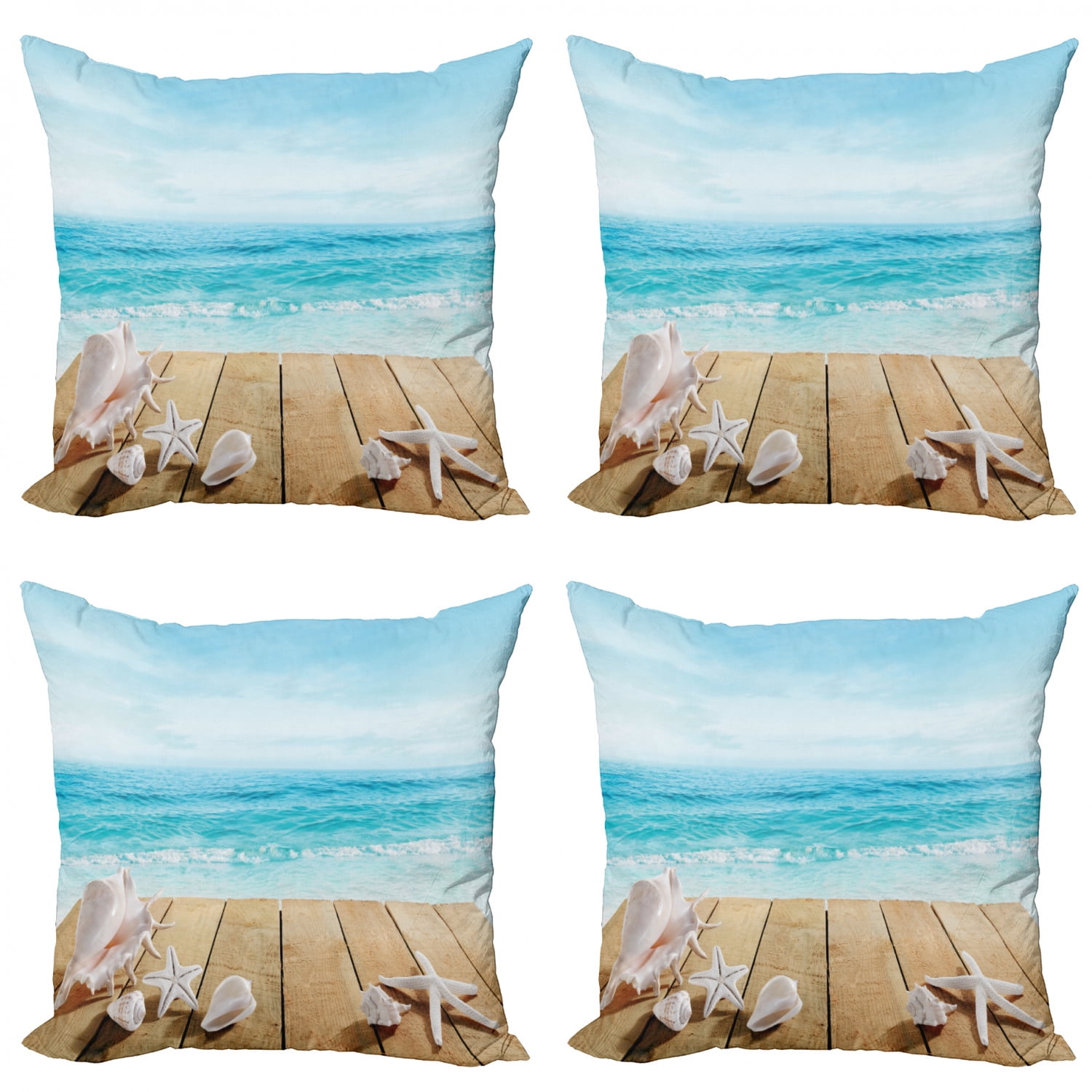 Seashells Throw Pillow Cushion Case Pack of 4, Wooden Boardwald