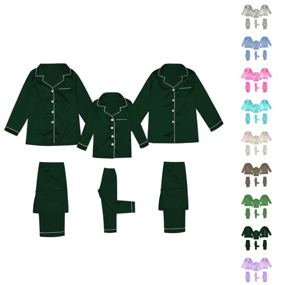 HNMKIU Soft Matching Family Pajamas Set with Buttons Long Sleeve Solid Color Family Casual Wear Home Sleepwear Dark Green,Kids:7-8 Years