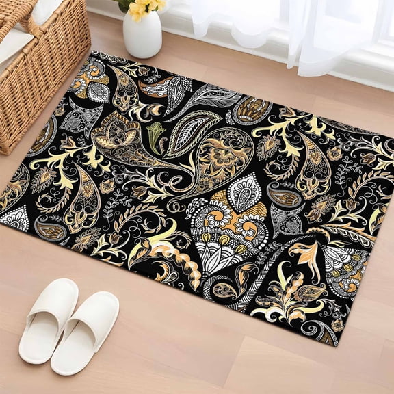 2x3 Ft Entryway Area Rug, Black Floral Kitchen Rug Runner Washable Floor Mat, Boho Botanical Vintage Paisley Flower Non Slip Indoor Door Mat Throw Carpet for Bathroom Living Room Bedroom