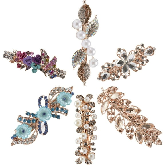 6 Pack Large Delicate Floral Jeweled Crystal Rhinestone Pearl Glitter Sparkly Gold Metal Snap Hair Clips Hairpins Dressy Barrettes Clamp Hairpins Hair Holder Headpiece Accessories for Women Girl