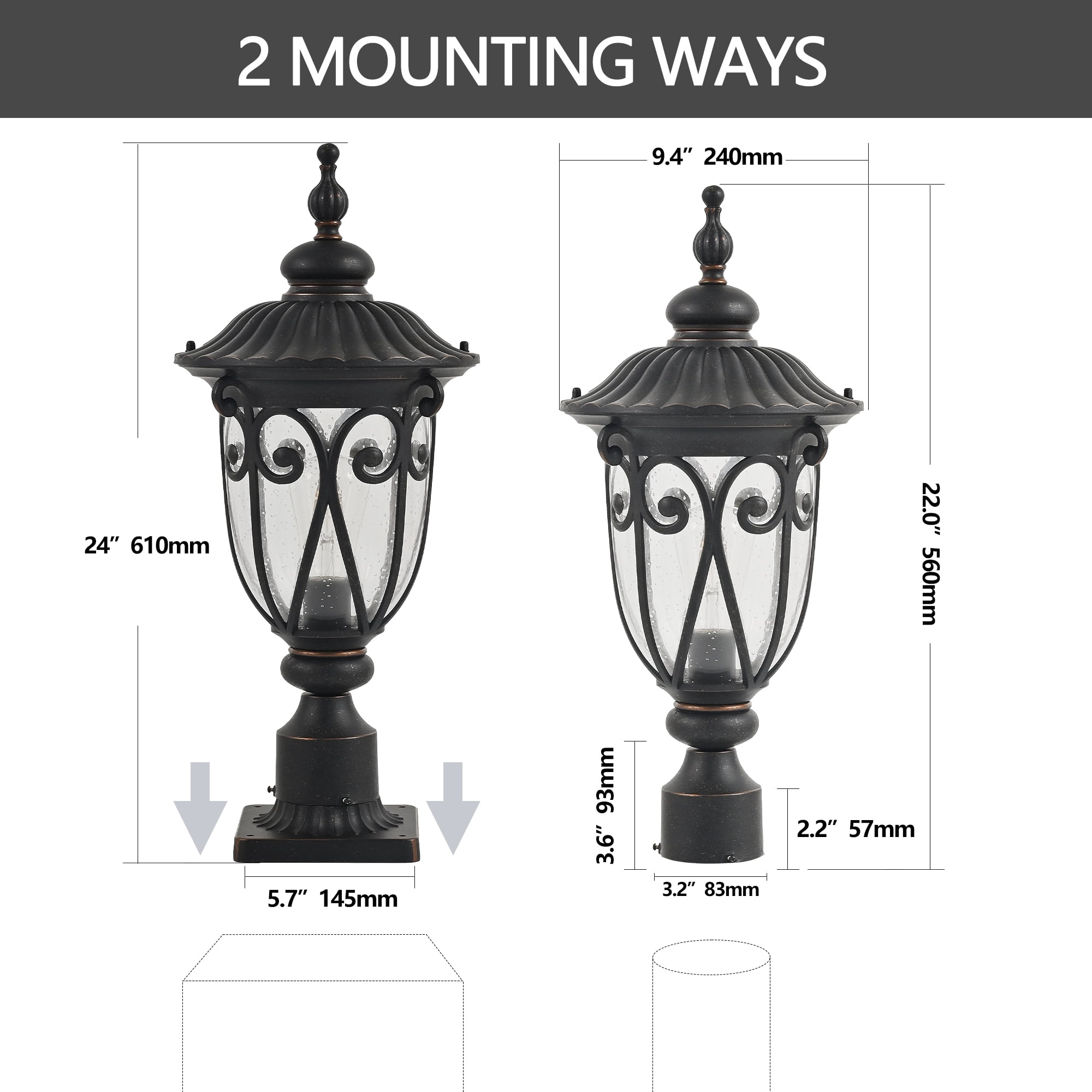 Outdoor Post Light with 2-in-1 Mount, 24-Inch Antique Bronze Exterior Pillar Lantern for Yard and Garden, Waterproof Vintage Post Lamp with Seeded Glass for Patio and Driveway, E26 Base