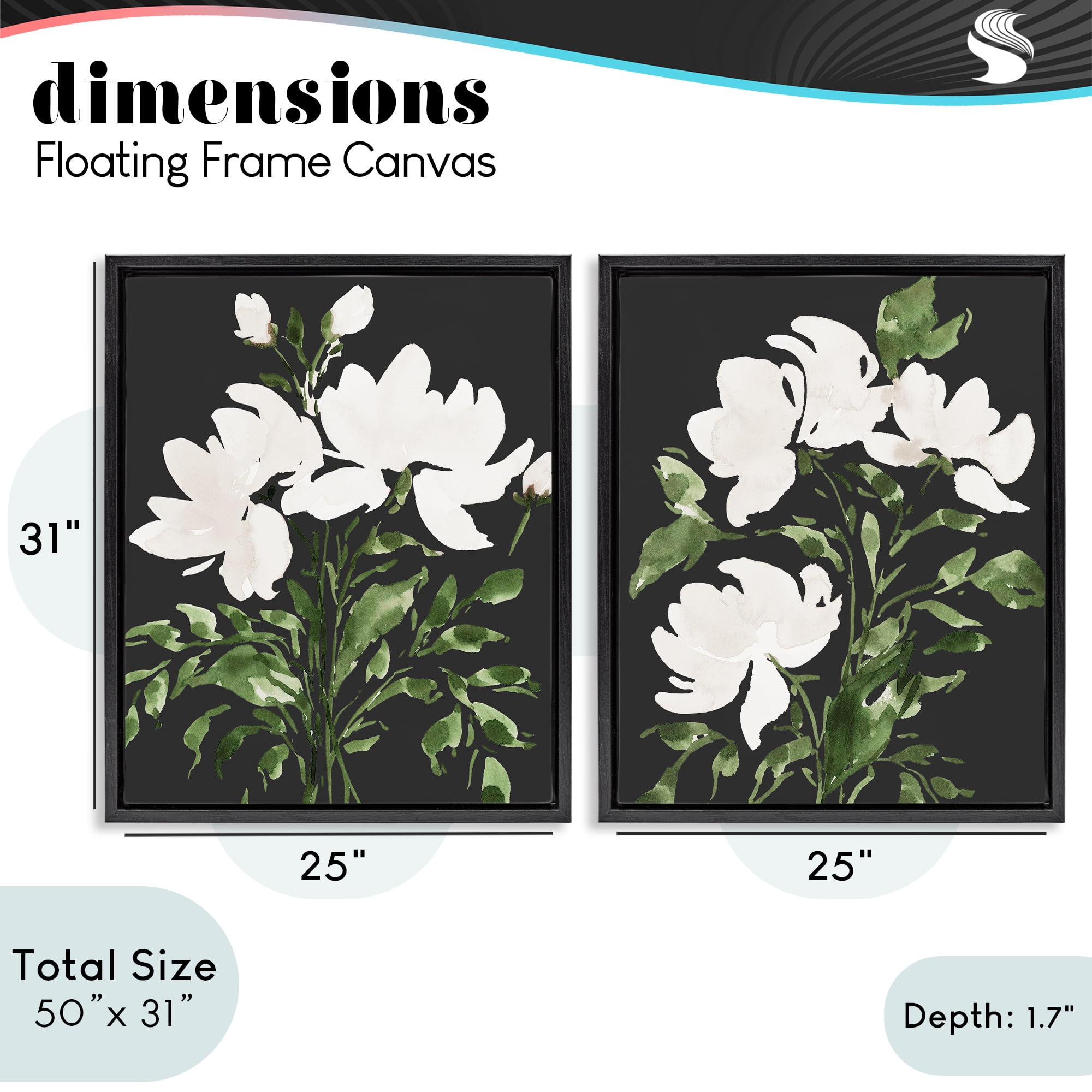 Stupell Industries White On Black Blooms 2 Piece Black Framed Floater Canvas Set, design by Lucille Price
