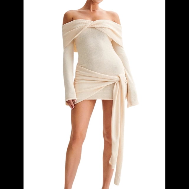 Vestido de Punto Corto con Hombros Descubiertos para Mujer, Larga, Irregular, con Cordones, Sexy Lechoso M